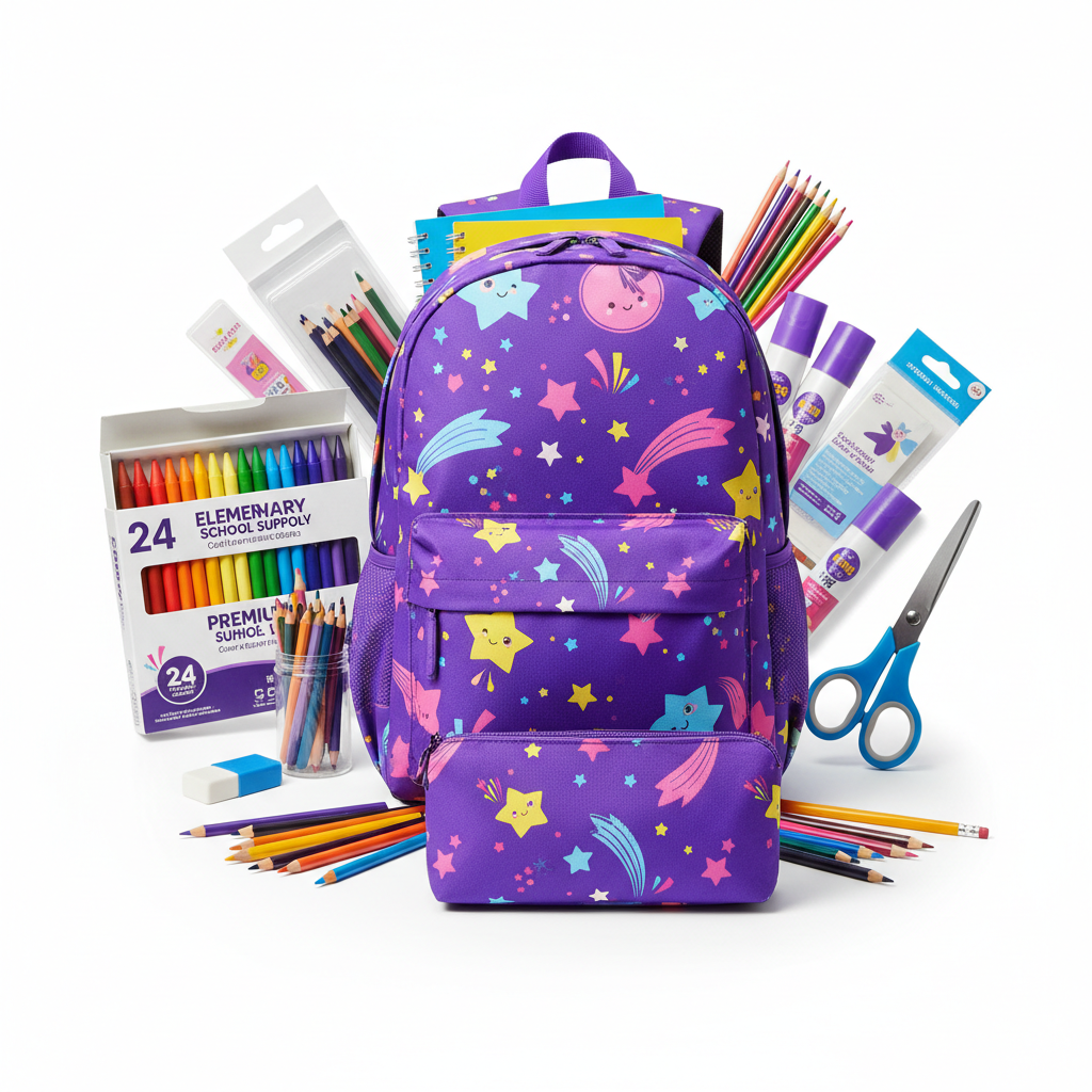 Elementary School Supply Bundle with purple backpack
